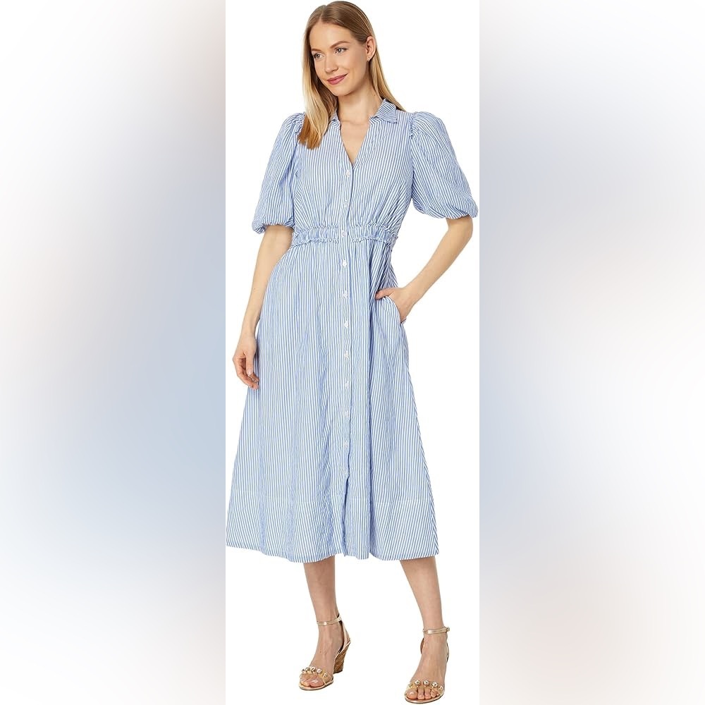 Lilly Pulitzer Tassie Elbow Puff Sleeve Midi Stripe Shirt Dress Coastal Blue - Picture 11 of 11